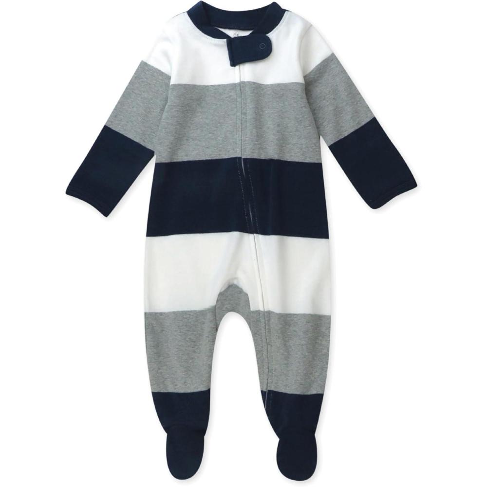 imageHonestBaby Classics Sleep ampamp Play Footed OnePiece Pajama Sleeper 100 Organic CottonJumbo Stripe Navy