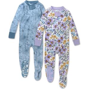 imageHonestBaby Baby Girls 100 Organic Cotton NonSlip Footed OnePiece Sleeper ZipFront PajamasJumbo Floral Lilac
