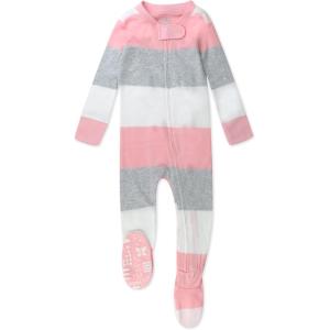 imageHonestBaby Baby Girls 100 Organic Cotton NonSlip Footed OnePiece Sleeper ZipFront PajamasJumbo Stripe Petal Pink