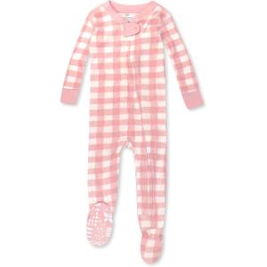 imageHonestBaby Baby Girls 100 Organic Cotton NonSlip Footed OnePiece Sleeper ZipFront PajamasPink Check