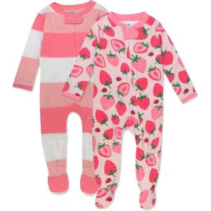 imageHonestBaby Baby Girls 2Pack Sleep and Play Footed Pajamas OnePiece Sleeper Jumpsuit Zipfront Pjs Organic Cotton2pack Strawberry Slice
