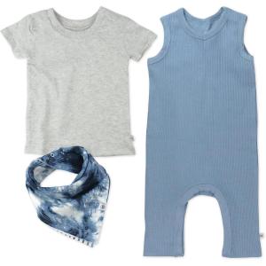imageHonestBaby unisexbaby Rib Romper Tshirt and Reversible Bib Organic CottonFaded Denim Set 3pack