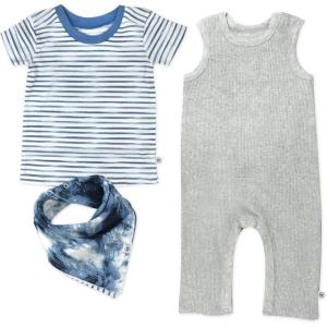 imageHonestBaby unisexbaby Rib Romper Tshirt and Reversible Bib Organic CottonWhite Indigo Stripe 3pack