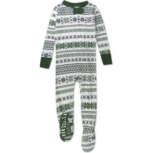 imageHonestBaby Baby 100 Organic Cotton Holiday NonSlip Footed OnePiece ZipFront PajamasFair Isle Green