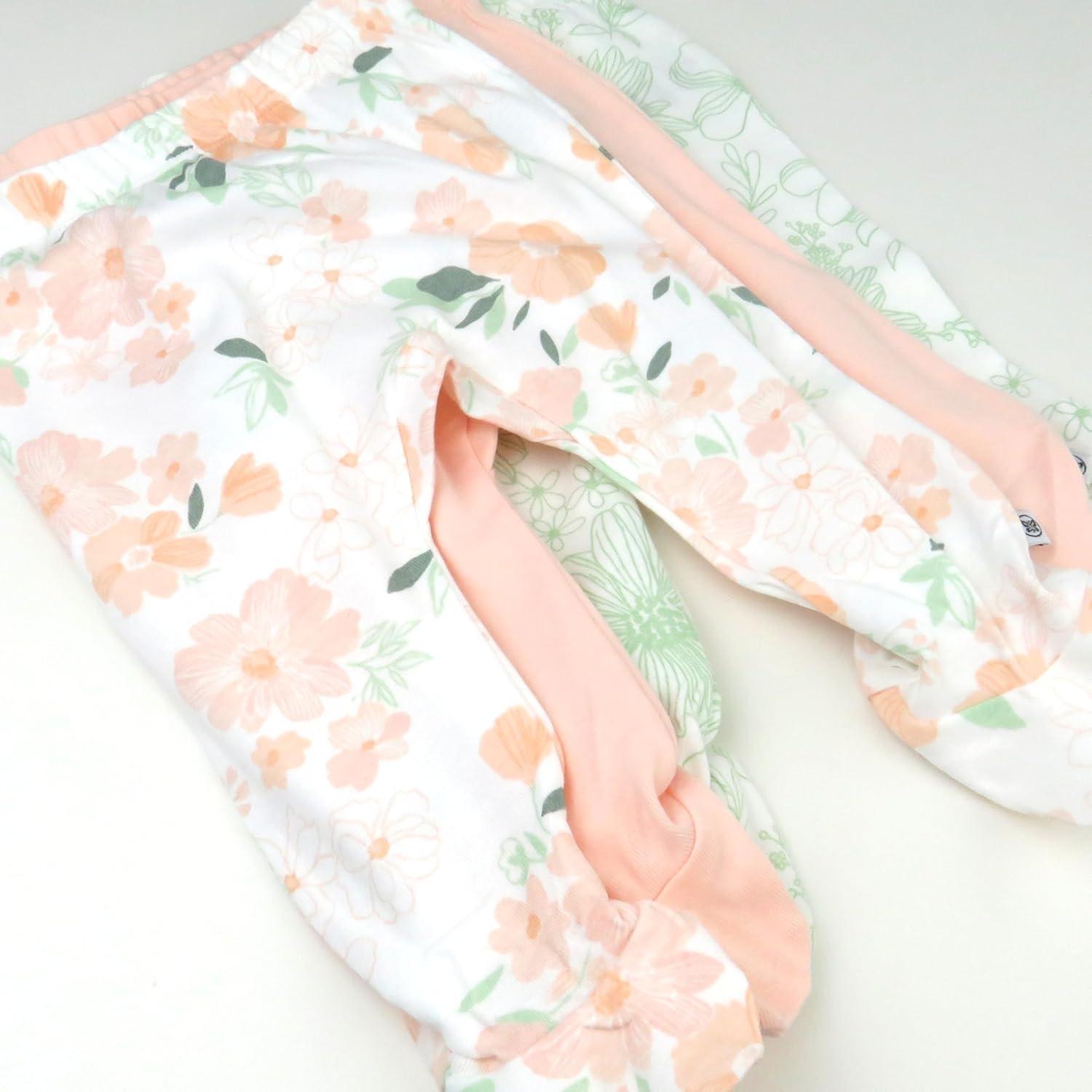 imageHonestBaby 3Pack Footed Pants Roomy Fit Pull on Bottoms 100 Organic Cotton for Infant Baby Boys Girls UnisexPeach Blossom Floral