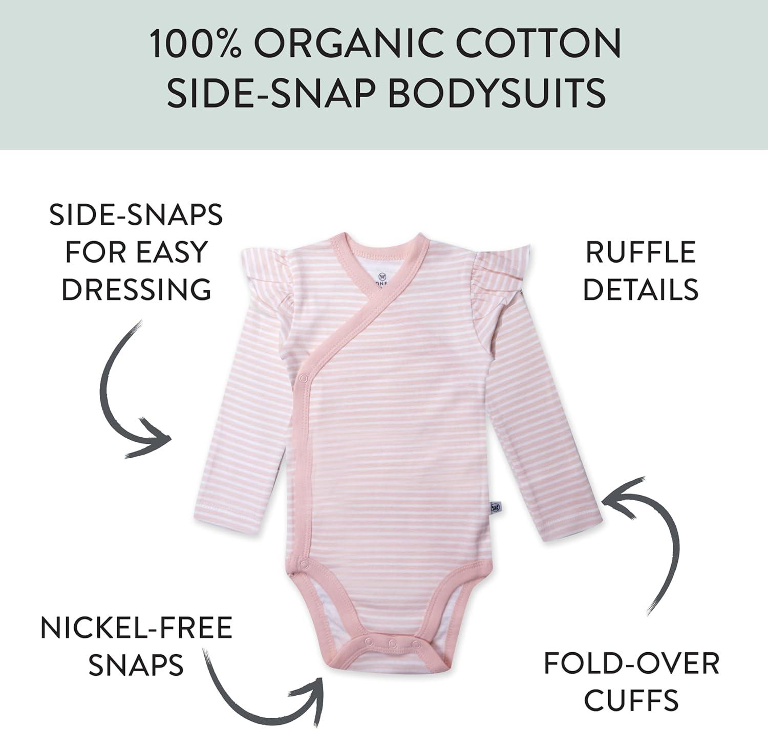 imageHonestBaby babygirls 3 Pack Long Sleeve Side Snap Ruffle Shoulder Bodysuit 100 Organic Cotton for Infant Baby and Toddler Girls