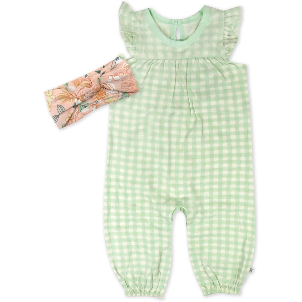 imageHonestBaby babygirls 2piece Outfit Romper ampamp Headband Set for Infant Baby and Toddler GirlsBaby Buffalo Check Meadow