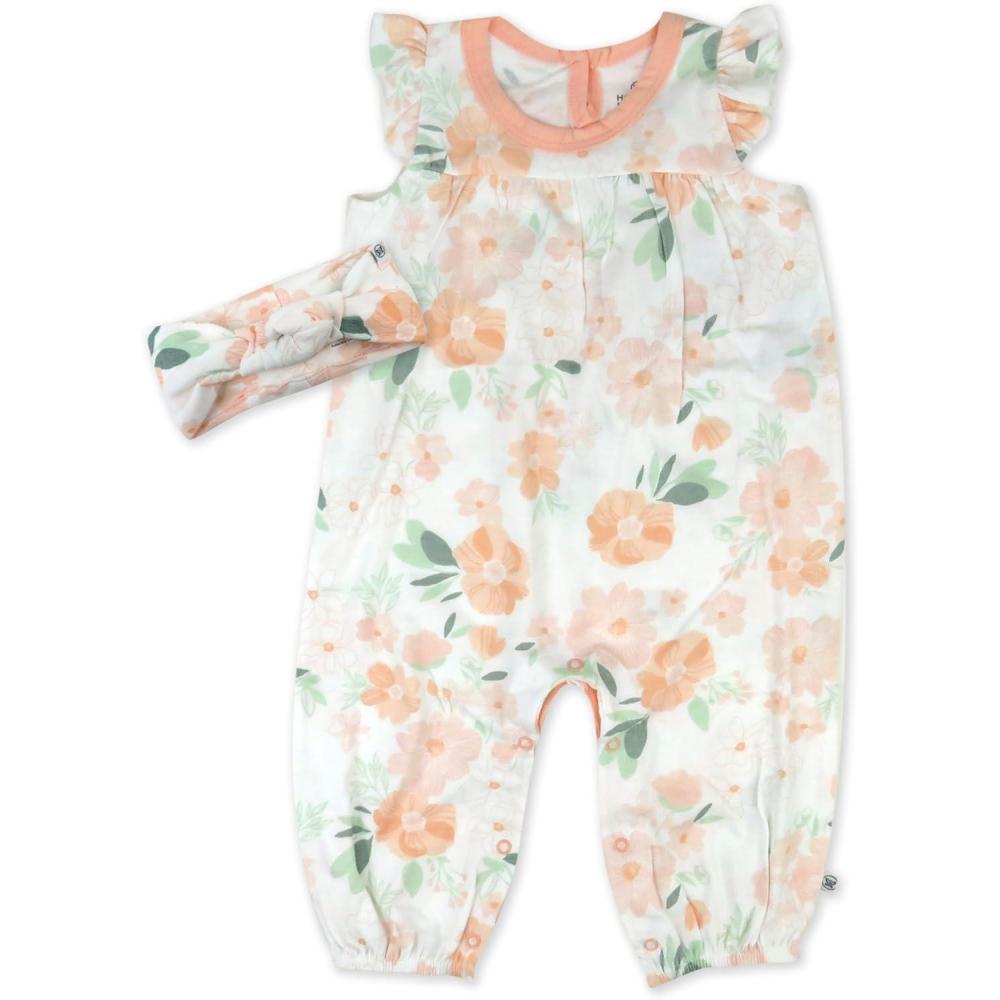 imageHonestBaby babygirls 2piece Outfit Romper ampamp Headband Set for Infant Baby and Toddler GirlsPeach Blossom Floral