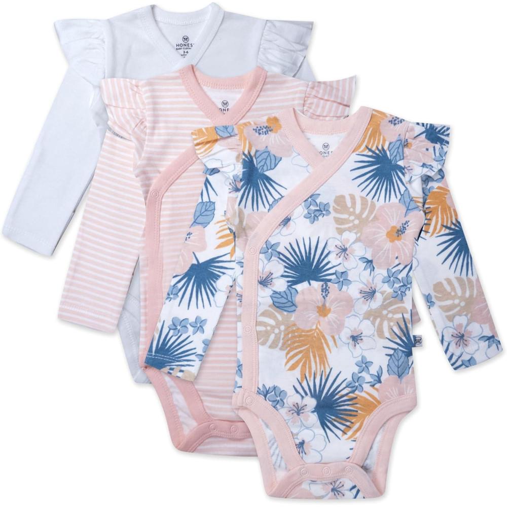 imageHonestBaby babygirls 3 Pack Long Sleeve Side Snap Ruffle Shoulder Bodysuit 100 Organic Cotton for Infant Baby and Toddler Girls
