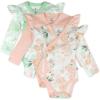 image3 Pack Long Sleeve Side Snap Ruffle Shoulder Bodysuit 100 Organic Cotton for Infant Baby and Toddler GirlsPeach Blossom Floral