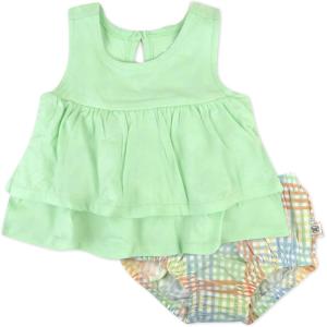 image2Piece Flutter Tee Dress with Ruffle Diaper Cover 100 Organic Cotton for Infant Baby and Toddler GirlsSeersucker Plaid Fawn