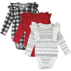 image3 Pack Long Sleeve Side Snap Ruffle Shoulder Bodysuit 100 Organic Cotton for Infant Baby and Toddler GirlsHoliday Red