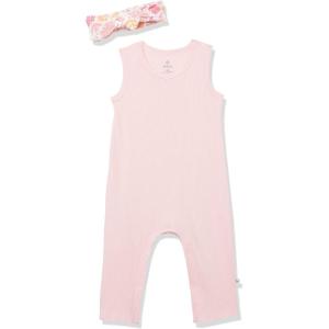 imageHonestBaby babygirls Rib Romper and Headband Organic CottonJungle Leaves Pink 2pack