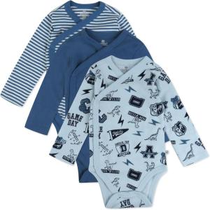 imageHonestBaby unisexbaby 3pack Long Sleeve Sidesnap Kimono Bodysuits Organic Cotton for Infant Baby Boys Girls UnisexDino Prep Academy Blue