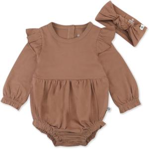 imageHonestBaby Bubble Romper and Headband Set Organic Cotton for Infant Baby and Toddler Boys Girls Unisex2pack Brown