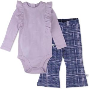 imageHonestBaby babygirls Long Sleeve Ruffle Bodysuit ampamp Flare Legging Set 100 Organic Cotton for Baby GirlsPurple Plaid 2pack