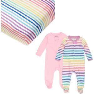 imageHonestBaby 2 Pack Organic Cotton footed Sleep N Play Pajamas and 1 Fitted Crib SheetRainbow Stripe