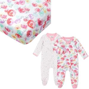 imageHonestBaby 2 Pack Organic Cotton footed Sleep N Play Pajamas and 1 Fitted Crib SheetRose BlossomLove Dot