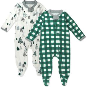 imageHonestBaby Baby Sleep N Play OnePiece Sleeper ZipFront Organic Cotton Footed Holiday Pajamas2pack Emerald Forest