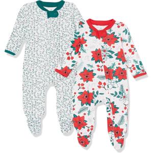 imageHonestBaby Baby Sleep N Play OnePiece Sleeper ZipFront Organic Cotton Footed Holiday Pajamas2pack Holiday Floral
