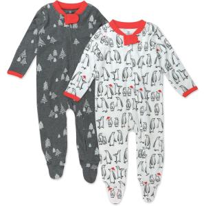 imageHonestBaby Baby Sleep N Play OnePiece Sleeper ZipFront Organic Cotton Footed Holiday Pajamas2pack Penguin Party