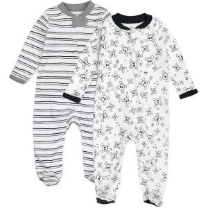 imageHonestBaby Baby Sleep N Play OnePiece ZipFront Footed Organic Cotton Pajama Sleeper2pack Tossed SkullsSketchy Stripe
