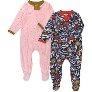 imageHonestBaby Sleep and Play Footed Pajamas OnePiece Sleeper Jumpsuit ZipFront PJs 100 Organic Cotton for Baby Girls2pack Copper Fields Floral Navy