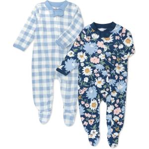 imageHonestBaby Sleep and Play Footed Pajamas OnePiece Sleeper Jumpsuit ZipFront PJs 100 Organic Cotton for Baby Girls2pack Painterly Floral Navy