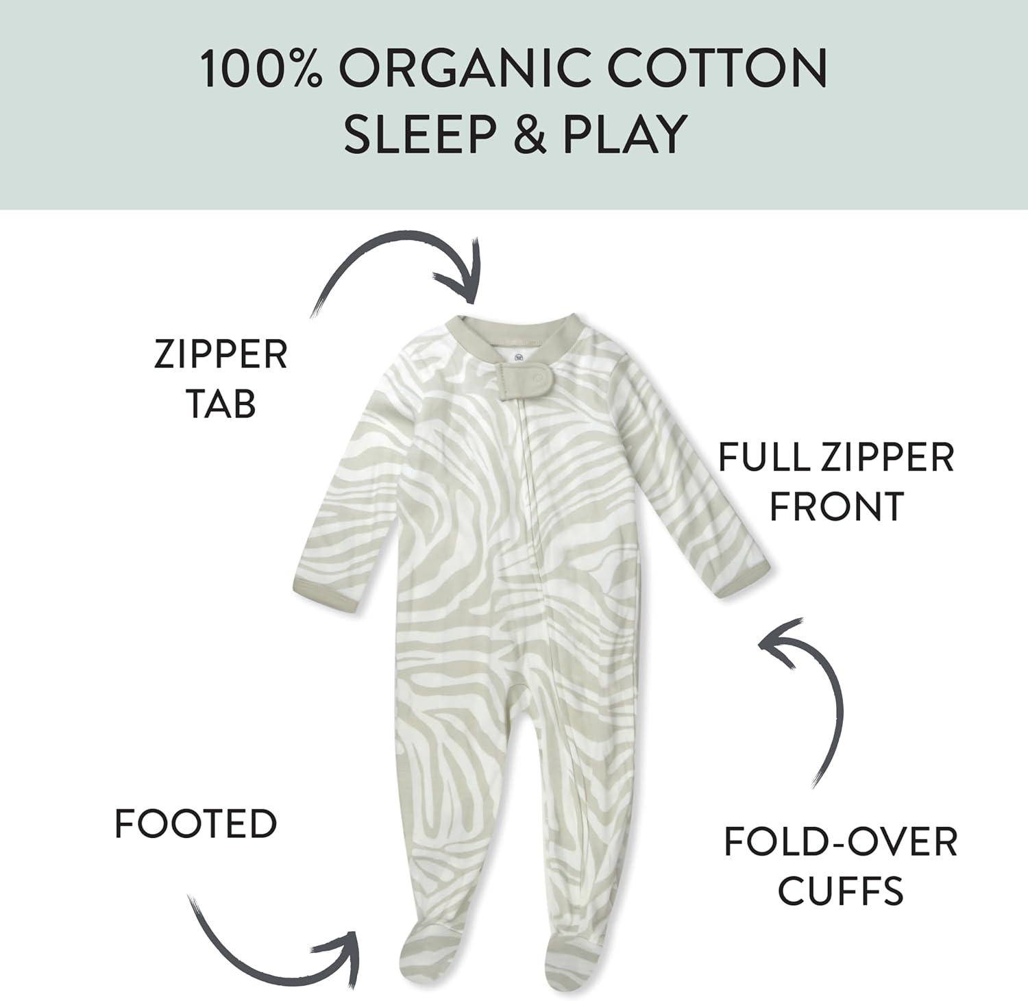 imageHonestBaby Classics Sleep ampamp Play Footed Onepiece Pajama Sleeper 100 Organic CottonLight Zanzibar Zebra