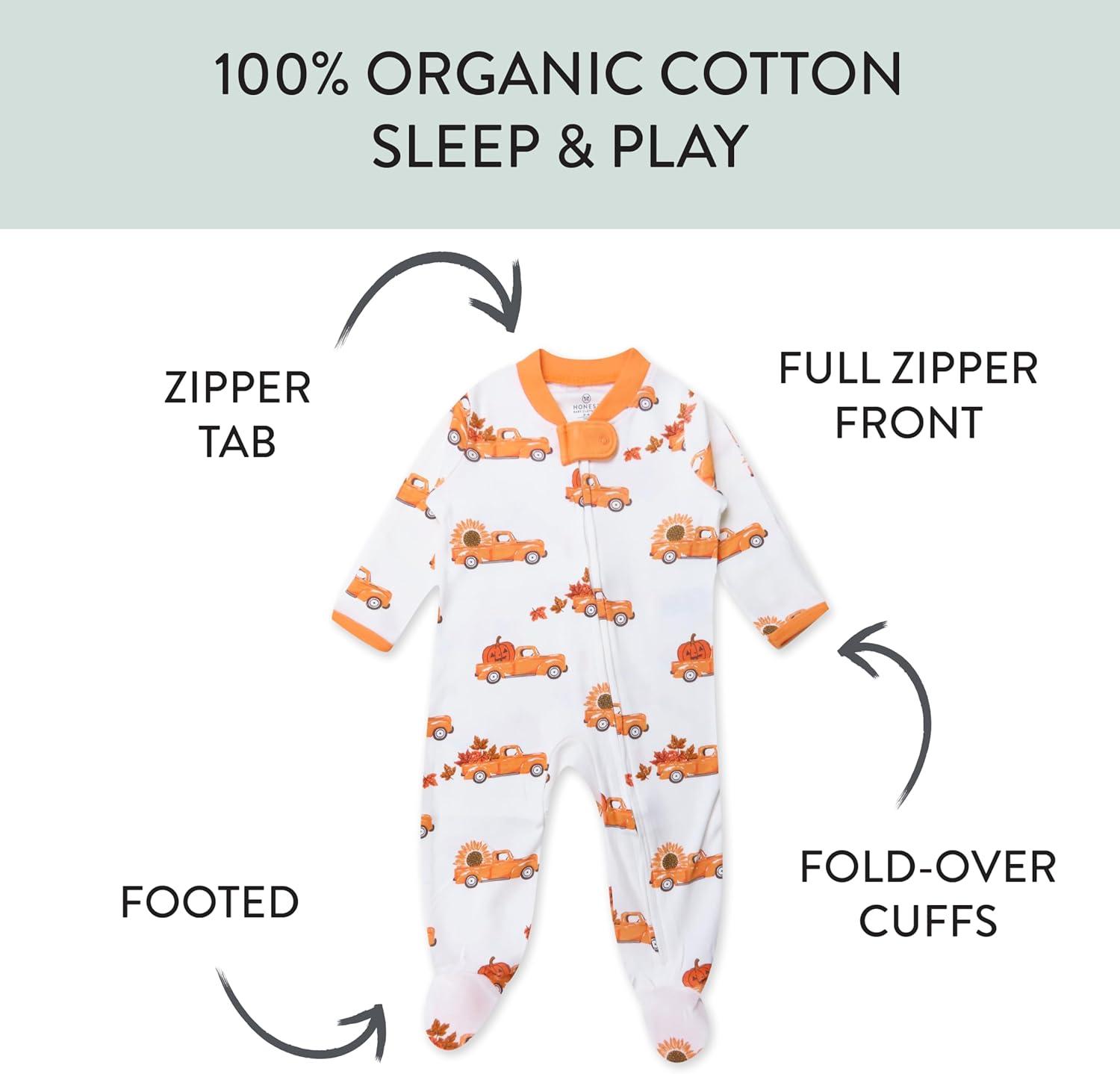 imageHonestBaby Classics Sleep ampamp Play Footed Onepiece Pajama Sleeper 100 Organic CottonPumpkin Picking