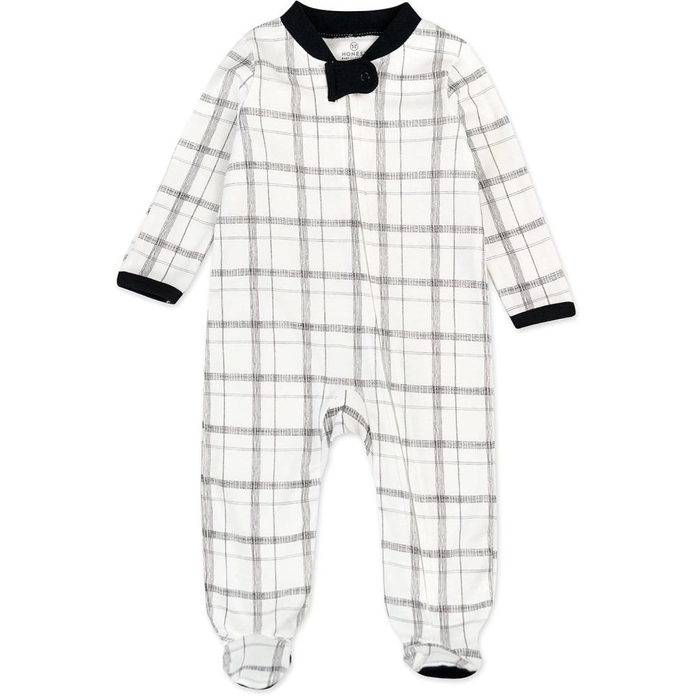 imageHonestBaby Classics Sleep ampamp Play Footed Onepiece Pajama Sleeper 100 Organic CottonHand Drawn Plaid Snow WhiteNavy