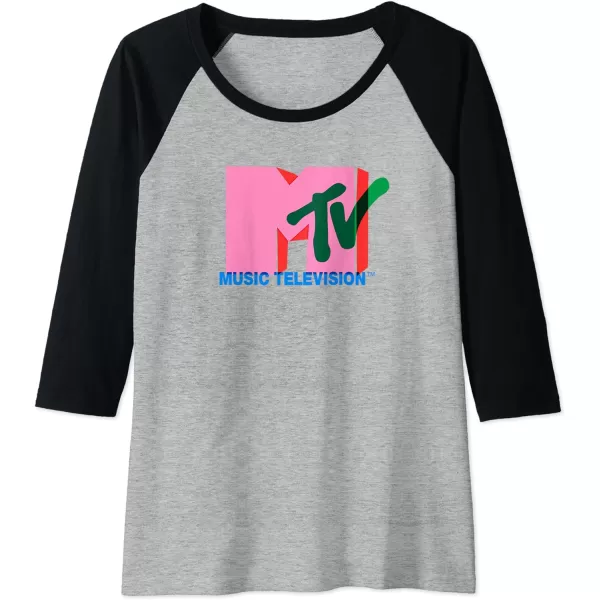 Amazon Essentials MTV Overlapping Colorful Shapes Logo Raglan Baseball TeeBlackAthletic Heather