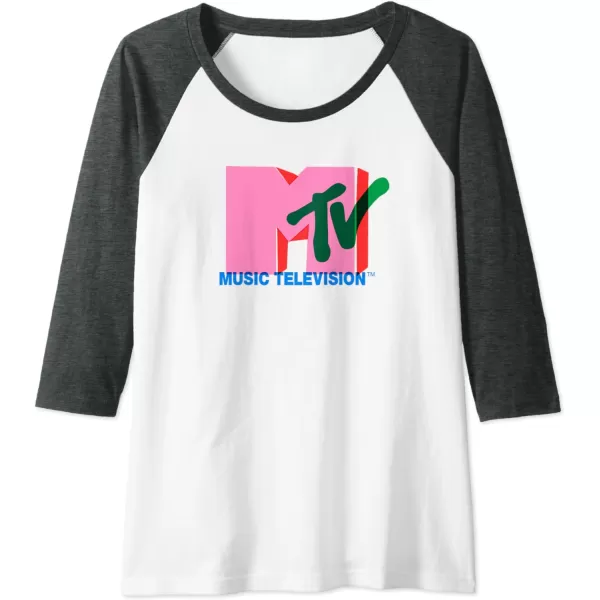 Amazon Essentials MTV Overlapping Colorful Shapes Logo Raglan Baseball TeeDark Heather GreyWhite