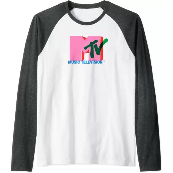 Amazon Essentials MTV Overlapping Colorful Shapes Logo Raglan Baseball TeeDark Heather GreyWhite