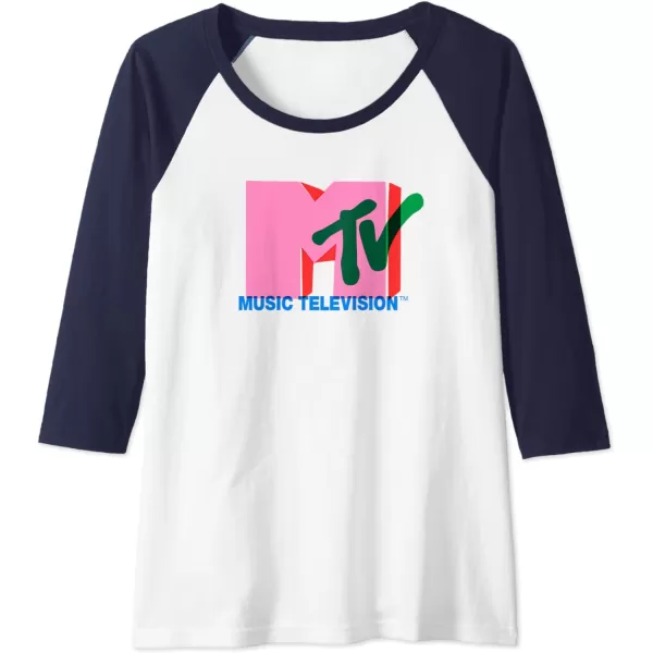 Amazon Essentials MTV Overlapping Colorful Shapes Logo Raglan Baseball TeeNavy BlueWhite