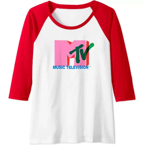Amazon Essentials MTV Overlapping Colorful Shapes Logo Raglan Baseball TeeRedWhite
