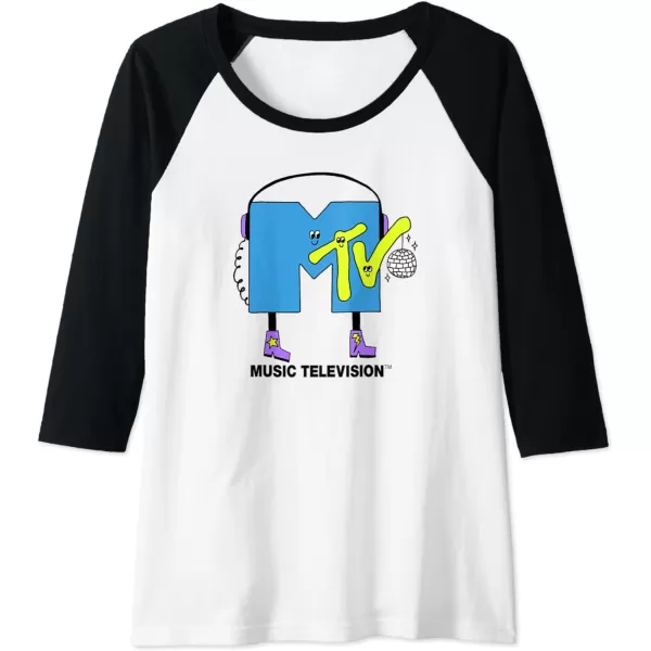 Amazon Essentials MTV Smiling Dance Party Logo Raglan Baseball TeeBlackWhite