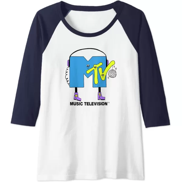 Amazon Essentials MTV Smiling Dance Party Logo Raglan Baseball TeeNavy BlueWhite