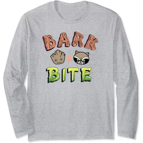 Amazon Essentials Guardians of the Galaxy Groot and Rocket Bark and Bite Long Sleeve TShirtHeather Grey