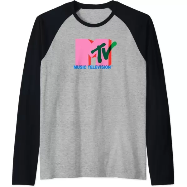 Amazon Essentials MTV Overlapping Colorful Shapes Logo Raglan Baseball TeeBlackAthletic Heather