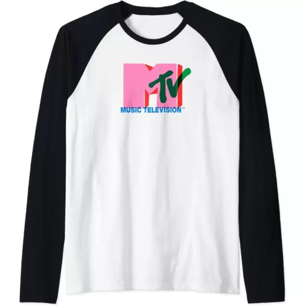 Amazon Essentials MTV Overlapping Colorful Shapes Logo Raglan Baseball TeeBlackWhite