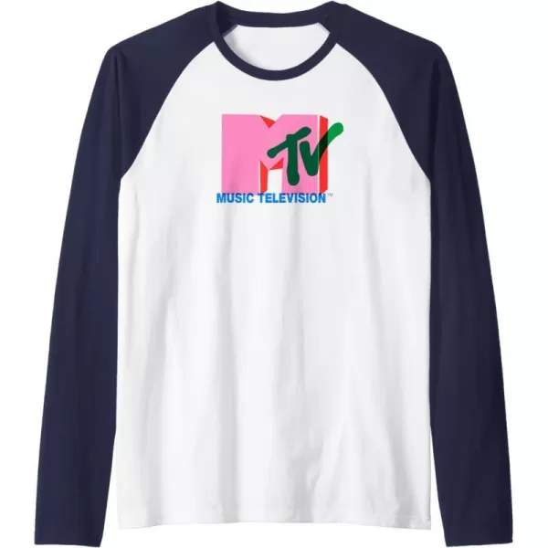 Amazon Essentials MTV Overlapping Colorful Shapes Logo Raglan Baseball TeeNavy BlueWhite