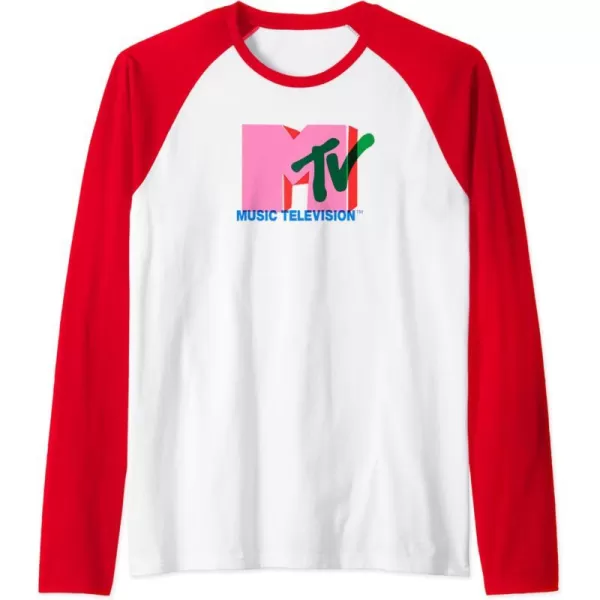 Amazon Essentials MTV Overlapping Colorful Shapes Logo Raglan Baseball TeeRedWhite