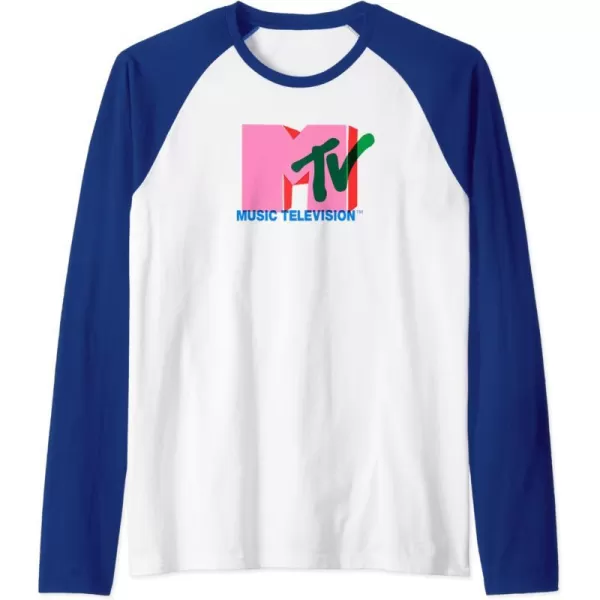 Amazon Essentials MTV Overlapping Colorful Shapes Logo Raglan Baseball TeeRoyal BlueWhite