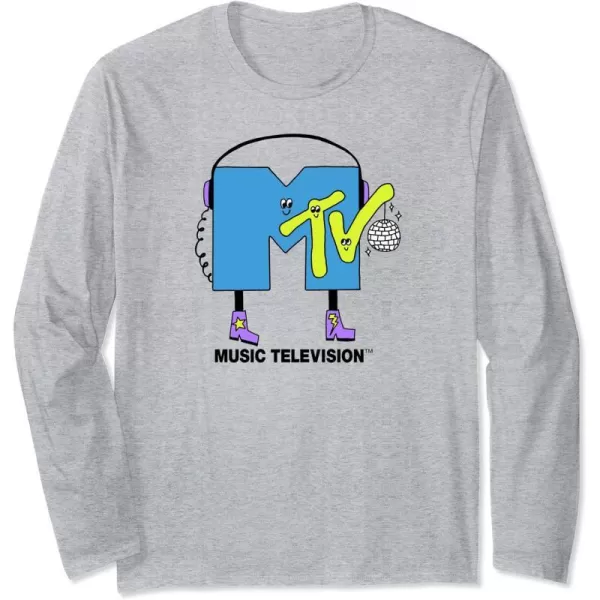 Amazon Essentials MTV Smiling Dance Party Logo Long Sleeve TShirtHeather Grey