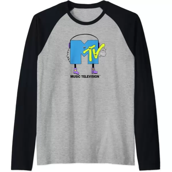 Amazon Essentials MTV Smiling Dance Party Logo Raglan Baseball TeeBlackAthletic Heather