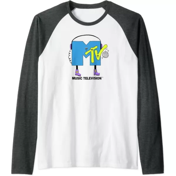 Amazon Essentials MTV Smiling Dance Party Logo Raglan Baseball TeeDark Heather GreyWhite