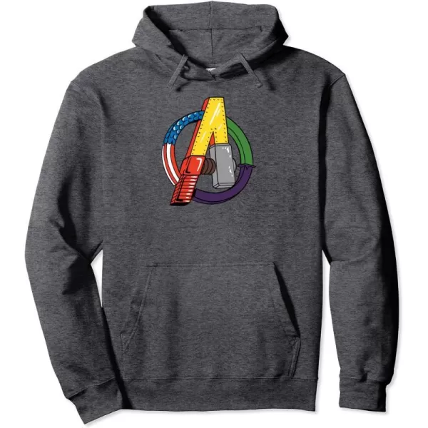 Amazon Essentials Marvel Avengers Multi Hero Logo Collage Pullover HoodieDark Heather Grey