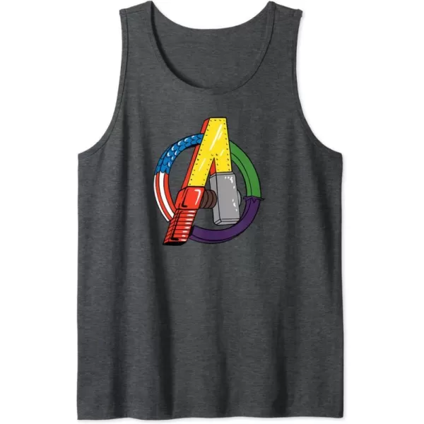 Amazon Essentials Marvel Avengers Multi Hero Logo Collage Tank TopDark Heather Grey