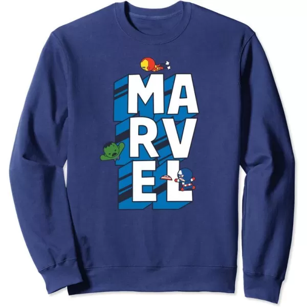 Amazon Essentials Marvel Block Letters With Three Tiny Super Heroes SweatshirtNavy Blue